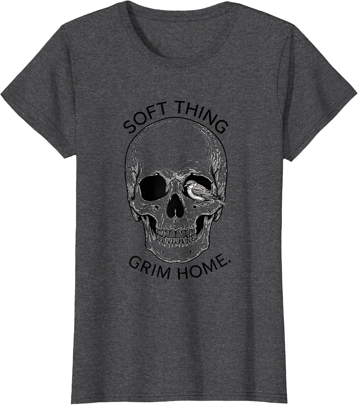 Women's Soft Thing Grim Home Line Art Skull Punk Horror Graphic T-Shirt - Dark Heather Grey