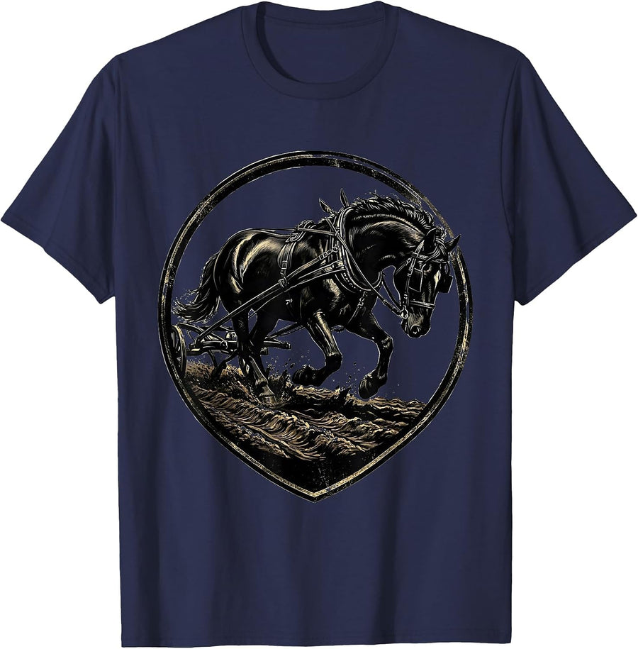 Draft Horse Pulling Plow Through Mud Illustration T-Shirt - Navy Blue