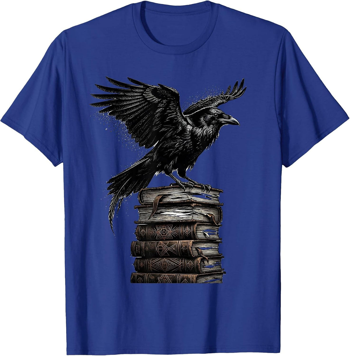 Men's Raven Perched on Stack of Old Books T-Shirt - Royal Blue