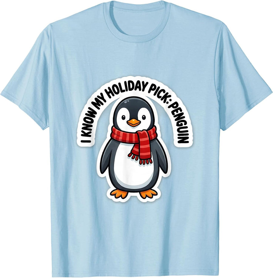 Men's I Know My Holiday Pick Penguin Funny Christmas Penguin Lover T-Shirt - Baby Blue