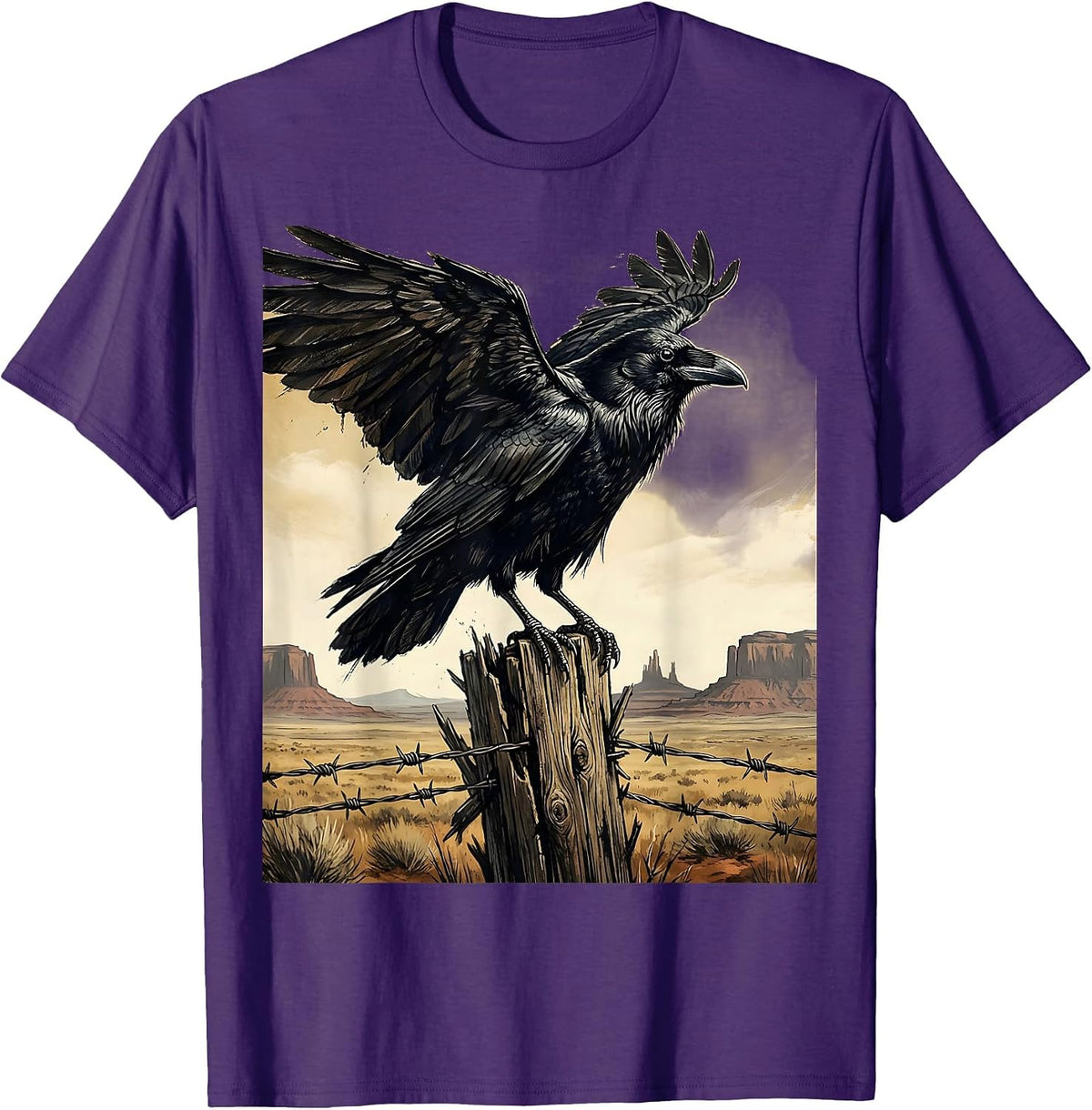 Raven on Fence Post Cowboy Western Design T-Shirt - Purple