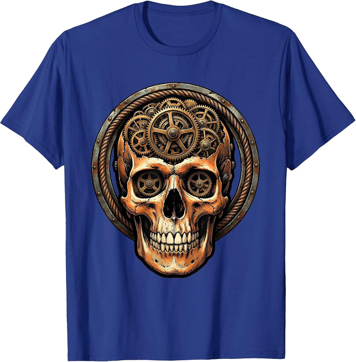 Skull Clock Gears Vintage Steampunk Illustration T-Shirt - Royal Blue