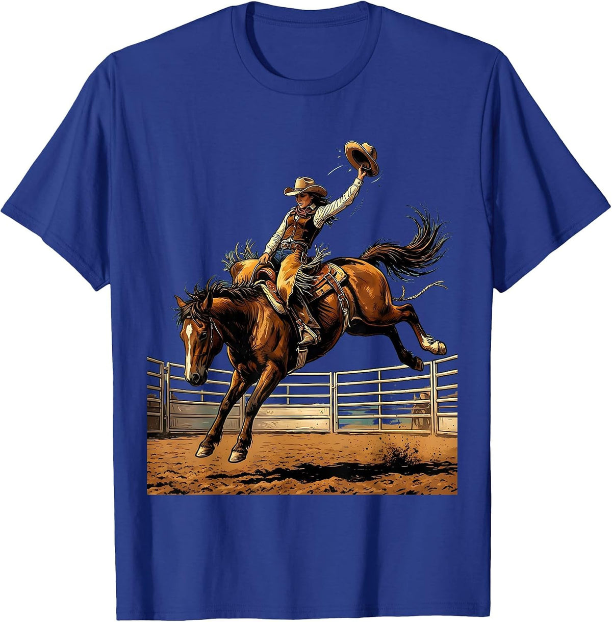 Men's Cowgirl on Bucking Bronco Rodeo Arena Graphic T-Shirt - Royal Blue