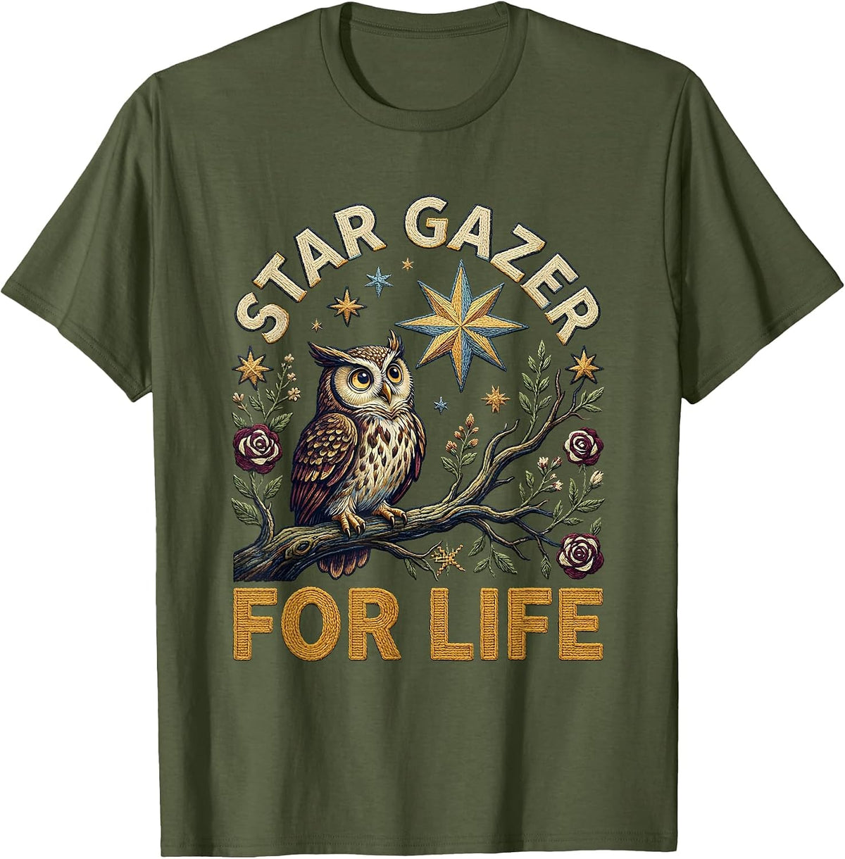 Star Gazer For Life Astronomy Design T-Shirt - Olive Green