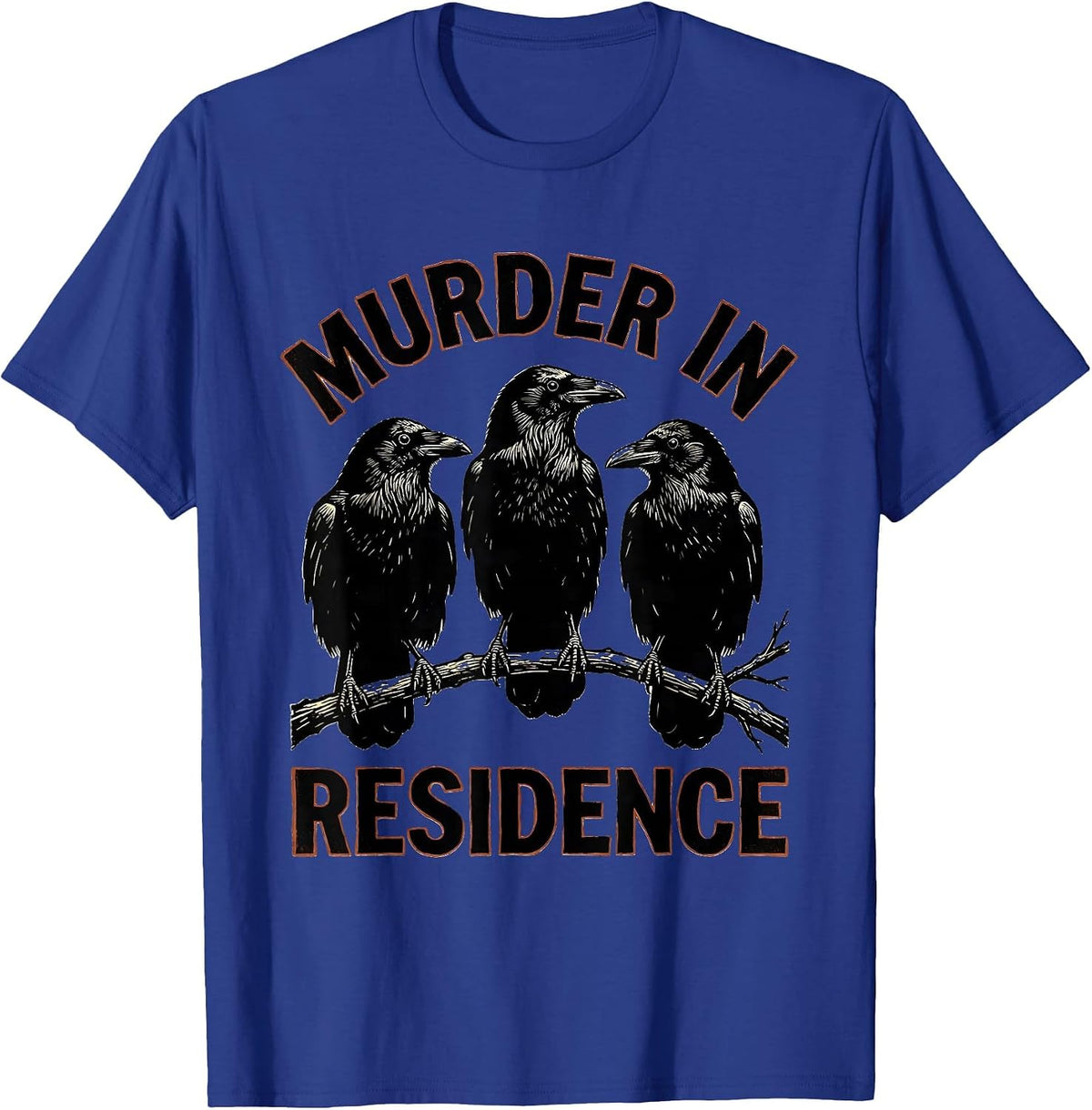 Murder In Residence Linocut Crow Murder Raven Gothic Humor T-Shirt - Royal Blue
