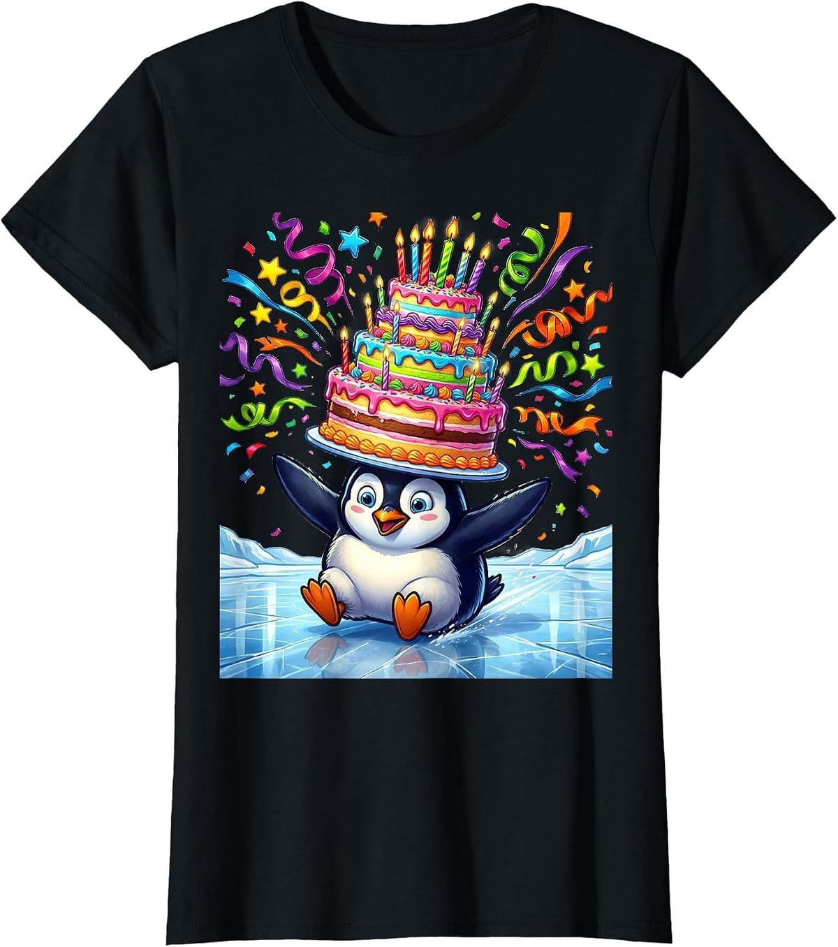 Penguin Ice Sliding Birthday Cake Celebration T-Shirt - Black