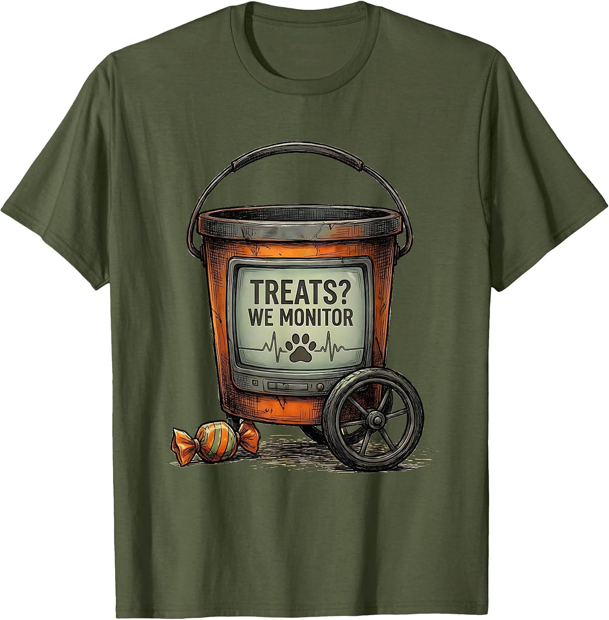 Treats? We Monitor Funny Vet Tech Halloween Costume T-Shirt - Olive Green