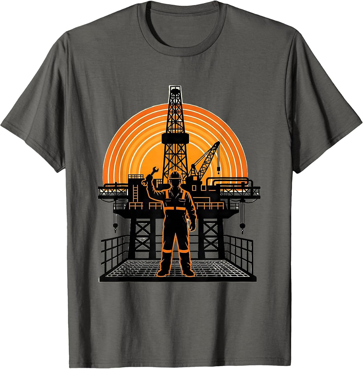 Oil Rig Worker Platform Sunset Illustration T-Shirt - Asphalt Grey