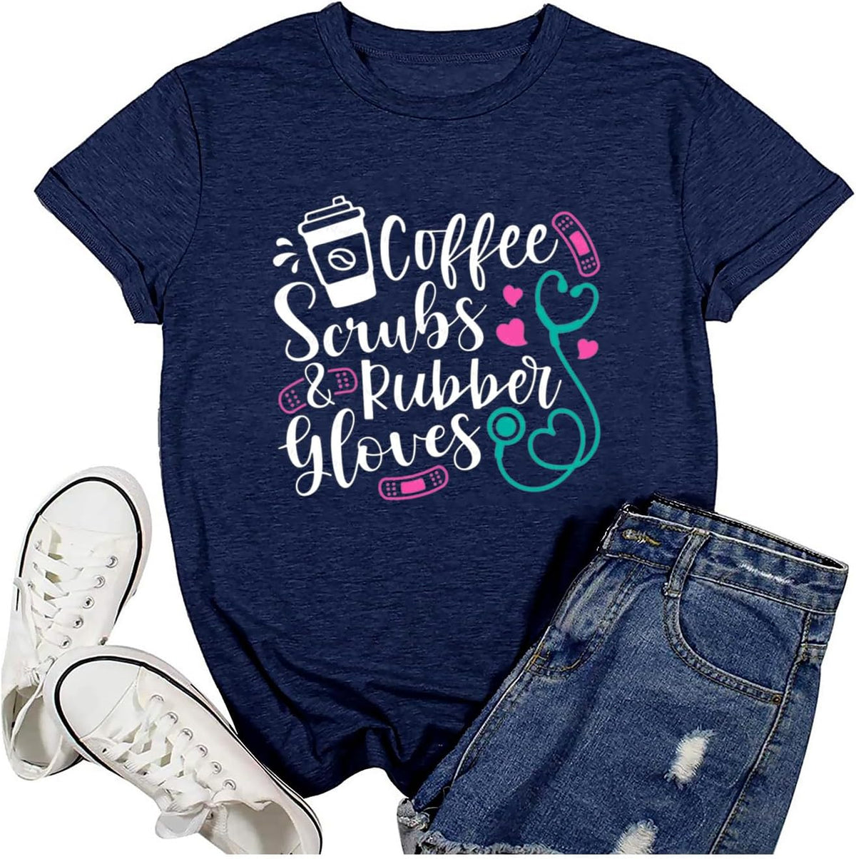 TSIIUO Women's Nurse Life Coffee T-Shirt Coffee Scrubs and Rubber Gloves Shirt Funny Gifts Casual Short Sleeve Tee Tops -