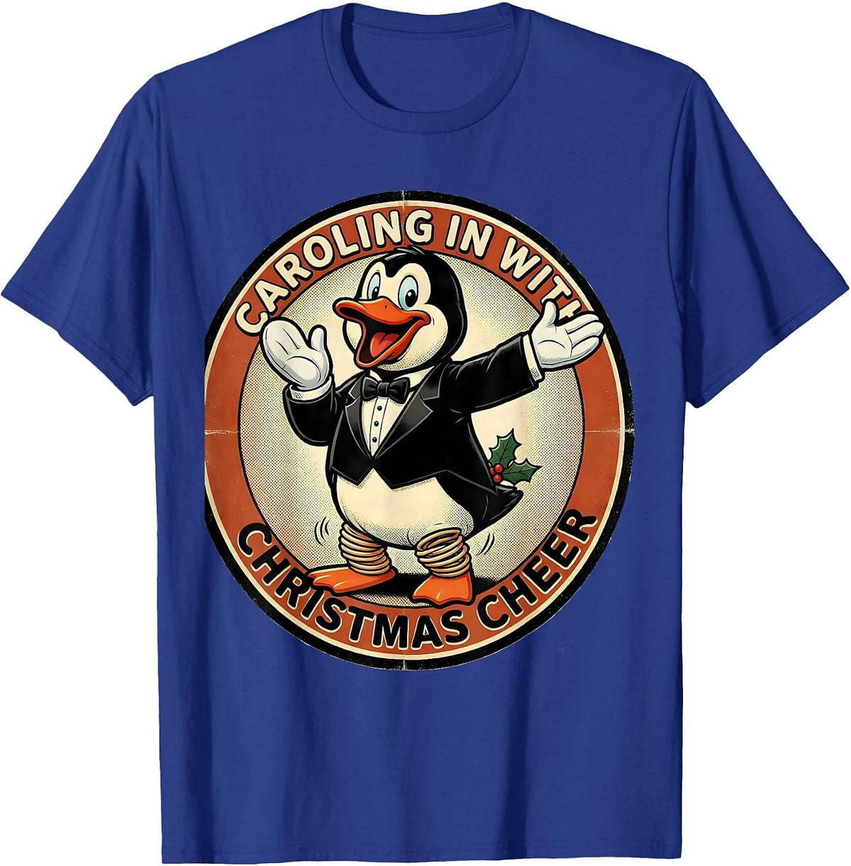Men's Caroling In With Christmas Cheer Retro Cartoon Penguin Lover T-Shirt - Royal Blue