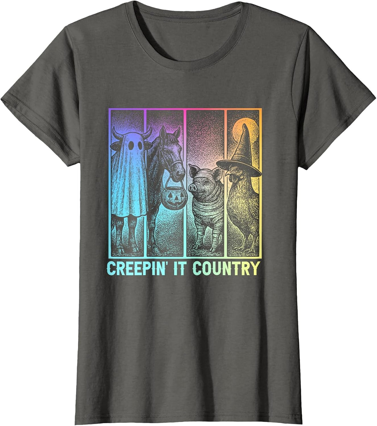 Creepin’ It Country Halloween Farm Animal Pig Cow Chicken T-Shirt - Asphalt Grey