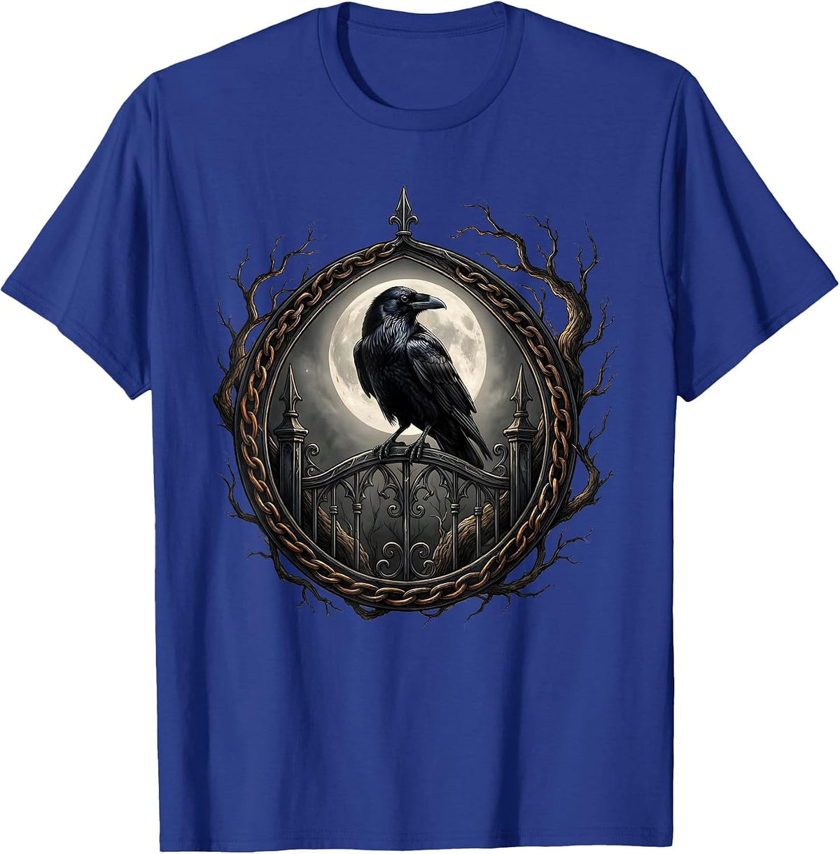 Men's Raven on Gothic Iron Gate Halloween Design T-Shirt - Royal Blue