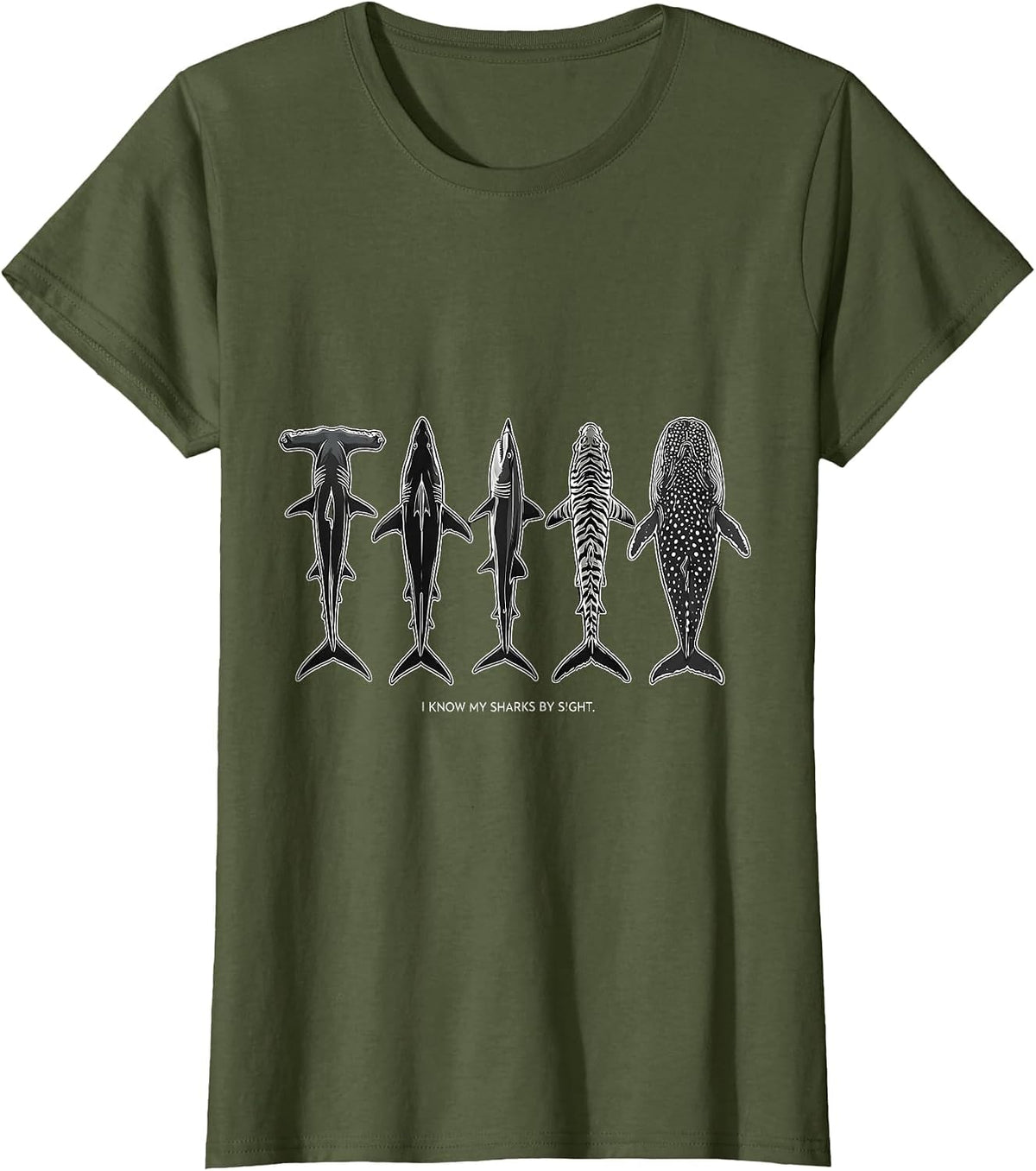 Women's I Know My Sharks By Sight Funny Shark Lover Ocean Wildlife T-Shirt - Olive Green