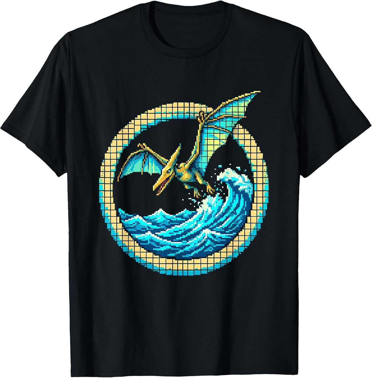 Men's Pterodactyl Diving Over Ocean Waves Dinosaur T-Shirt - Black