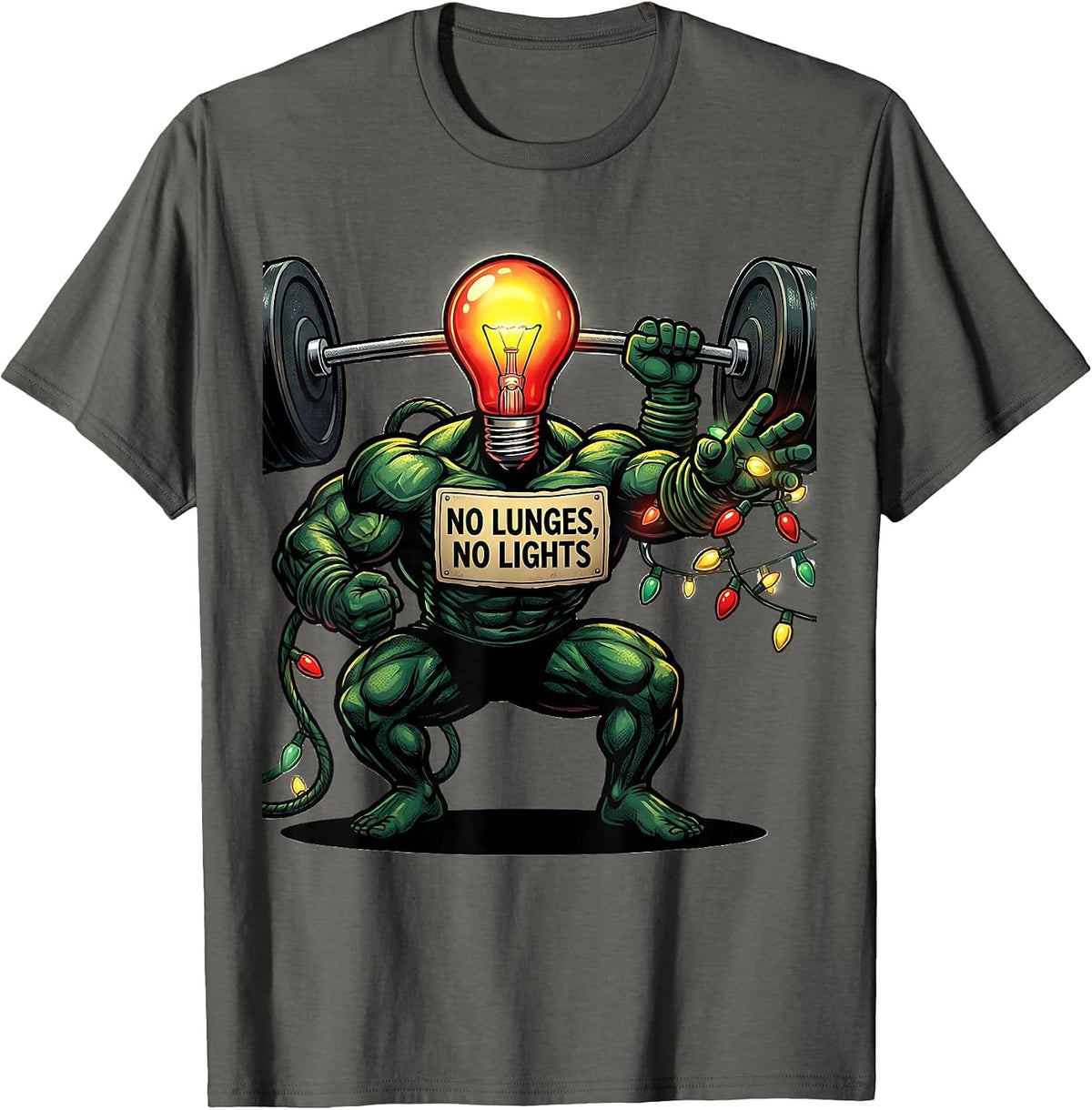 Men's No Lunges, No Lights Funny Gym Bodybuilder Christmas Workout T-Shirt - Asphalt Grey