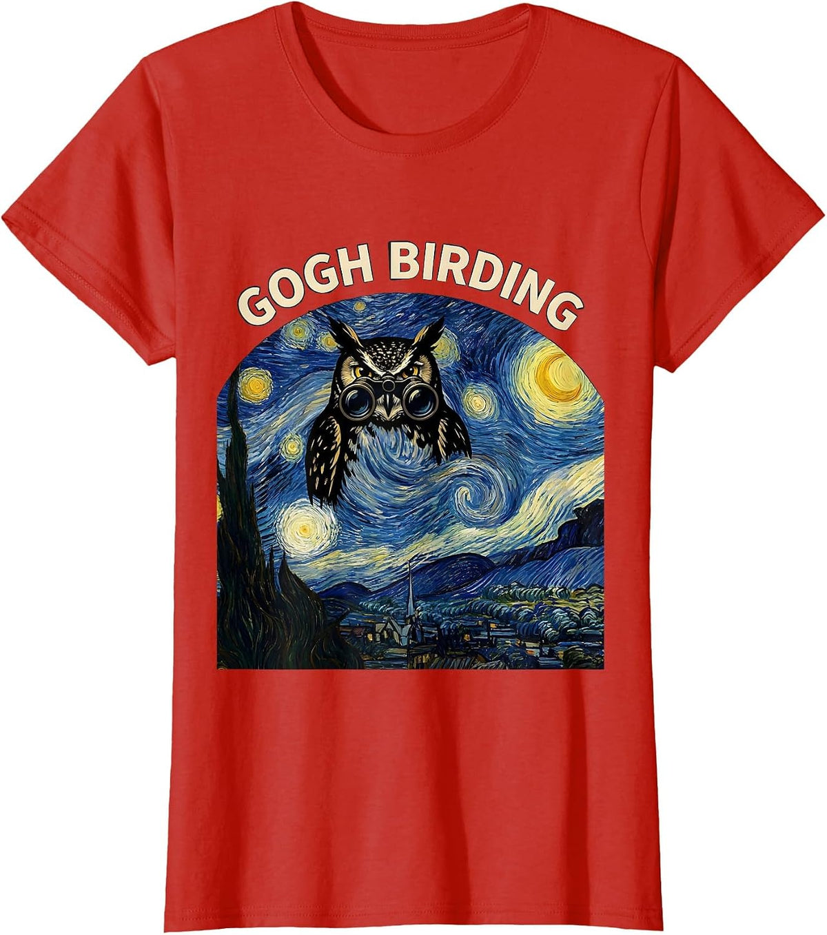 Women's Gogh Birding Funny Owl Van Gogh Starry Night Parody Art T-Shirt - Red