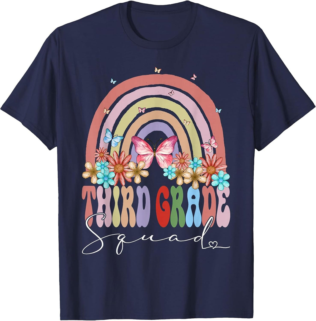Third Grade Squad Back to School Rainbow Groovy Floral T-Shirt - Navy Blue