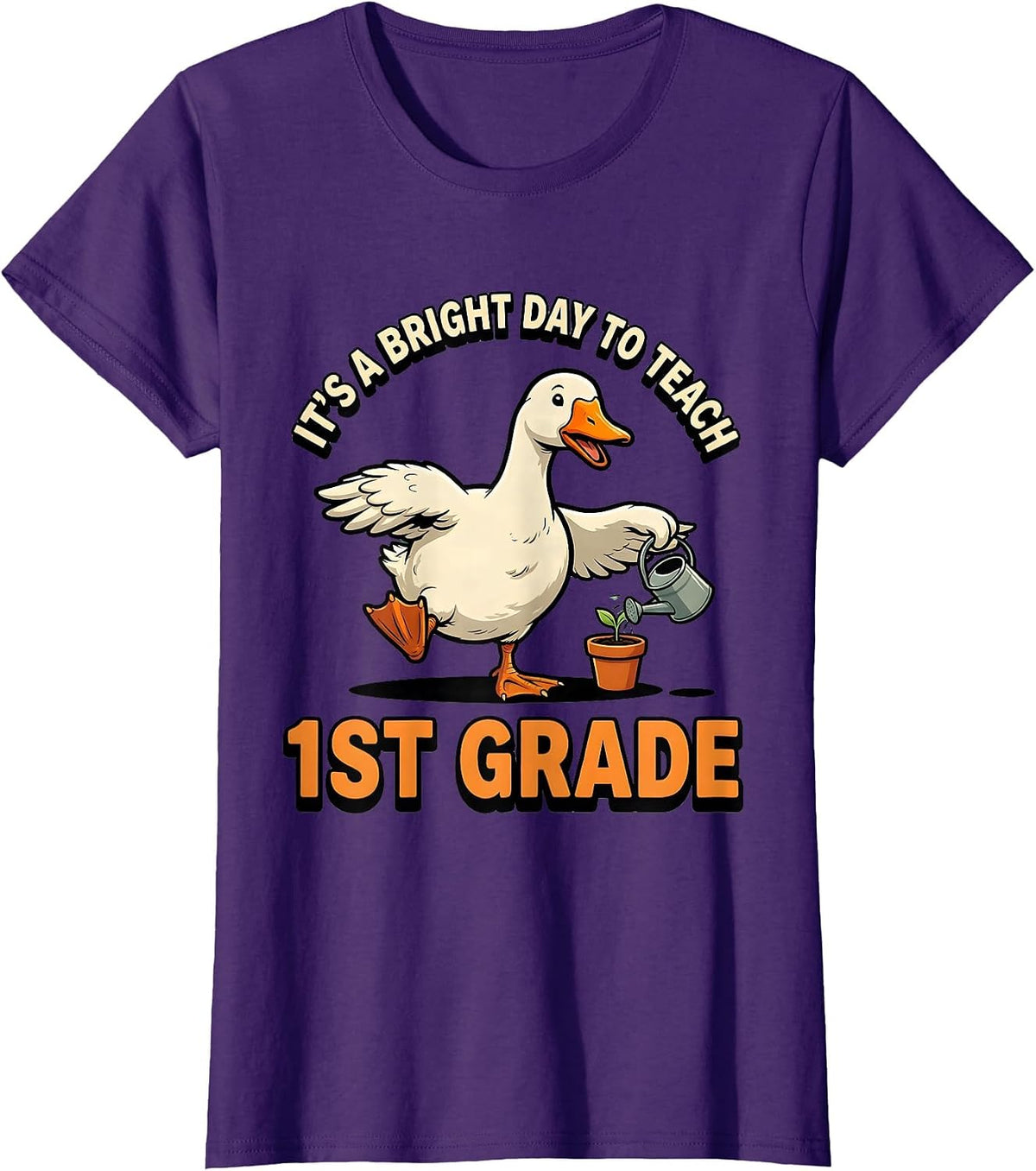 Women's It's a Bright Day to Teach 1st Grade Cartoon Goose Teacher T-Shirt - Purple