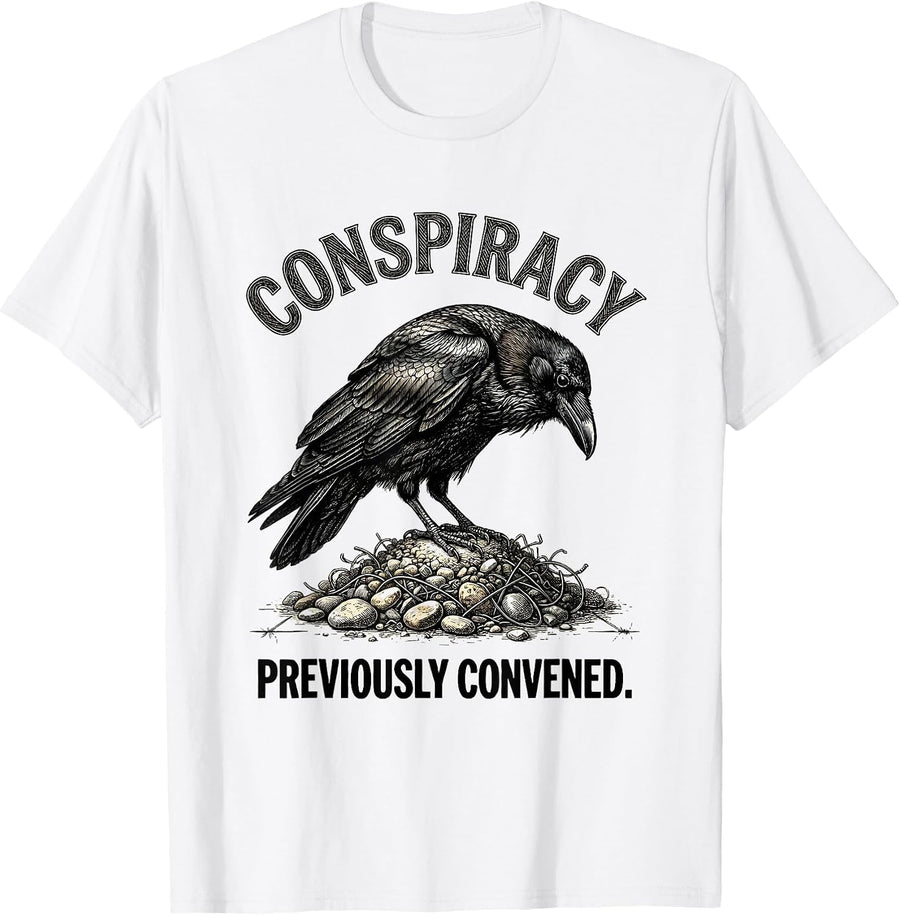 Men's Conspiracy Previously Convened Dark Humor Crow Raven T-Shirt - White
