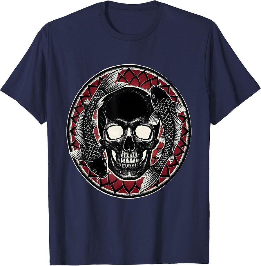 Skull and Koi Fish Graphic Design T-Shirt - Navy Blue