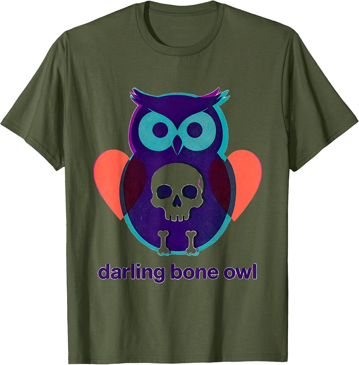 darling bone owl Risograph Pastel Goth Kawaii Creepy Cute T-Shirt - Olive Green