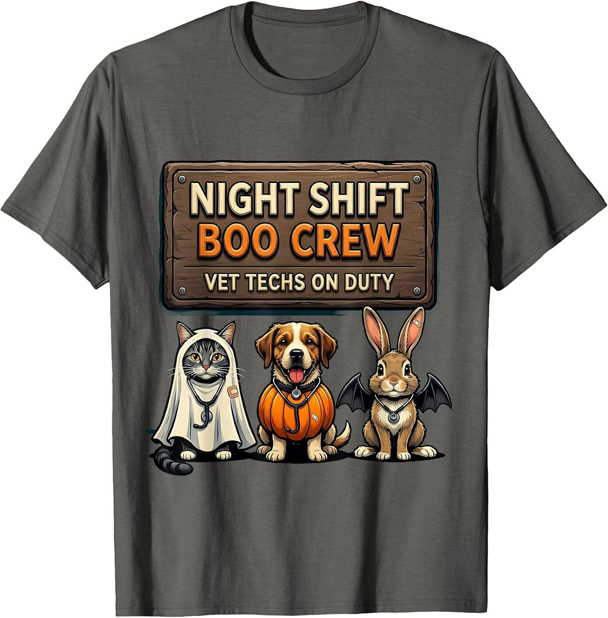 Men's Night Shift Boo Crew, Vet Techs On Duty Funny T-Shirt - Asphalt Grey