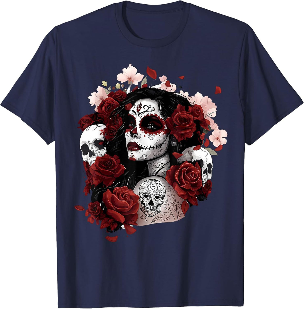 Dia De Los Muertos Mexican Day of the Dead Sugar Skull T-Shirt - Navy Blue