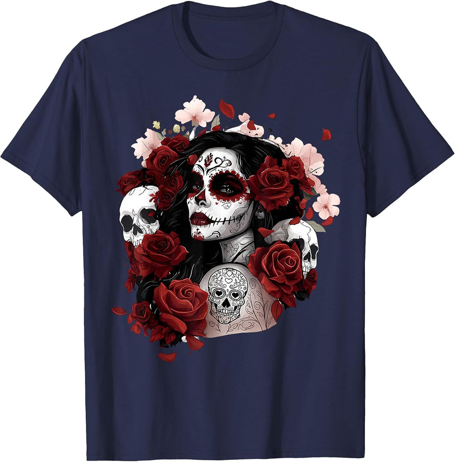 Dia De Los Muertos Mexican Day of the Dead Sugar Skull T-Shirt - Navy Blue