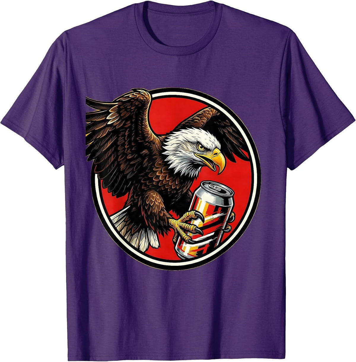 Men's Bald Eagle Clutching Beer Can Patriotic Design T-Shirt - Purple