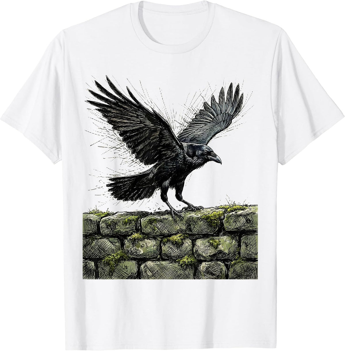 Men's Raven on Mossy Stone Wall Fall Nature Design T-Shirt - White