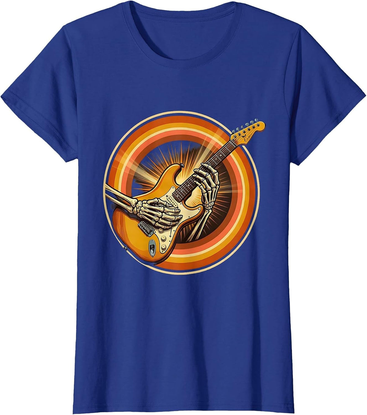 Women's Skeleton Guitarist Shredding on Stage Graphic T-Shirt - Royal Blue