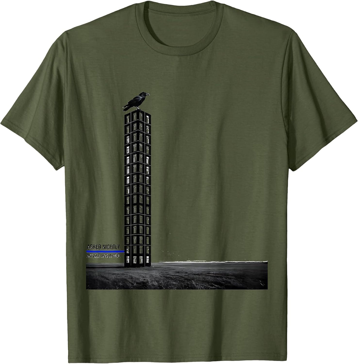 Asked Nightly Answer Unchanged Literary Humor Raven Edgar T-Shirt - Olive Green