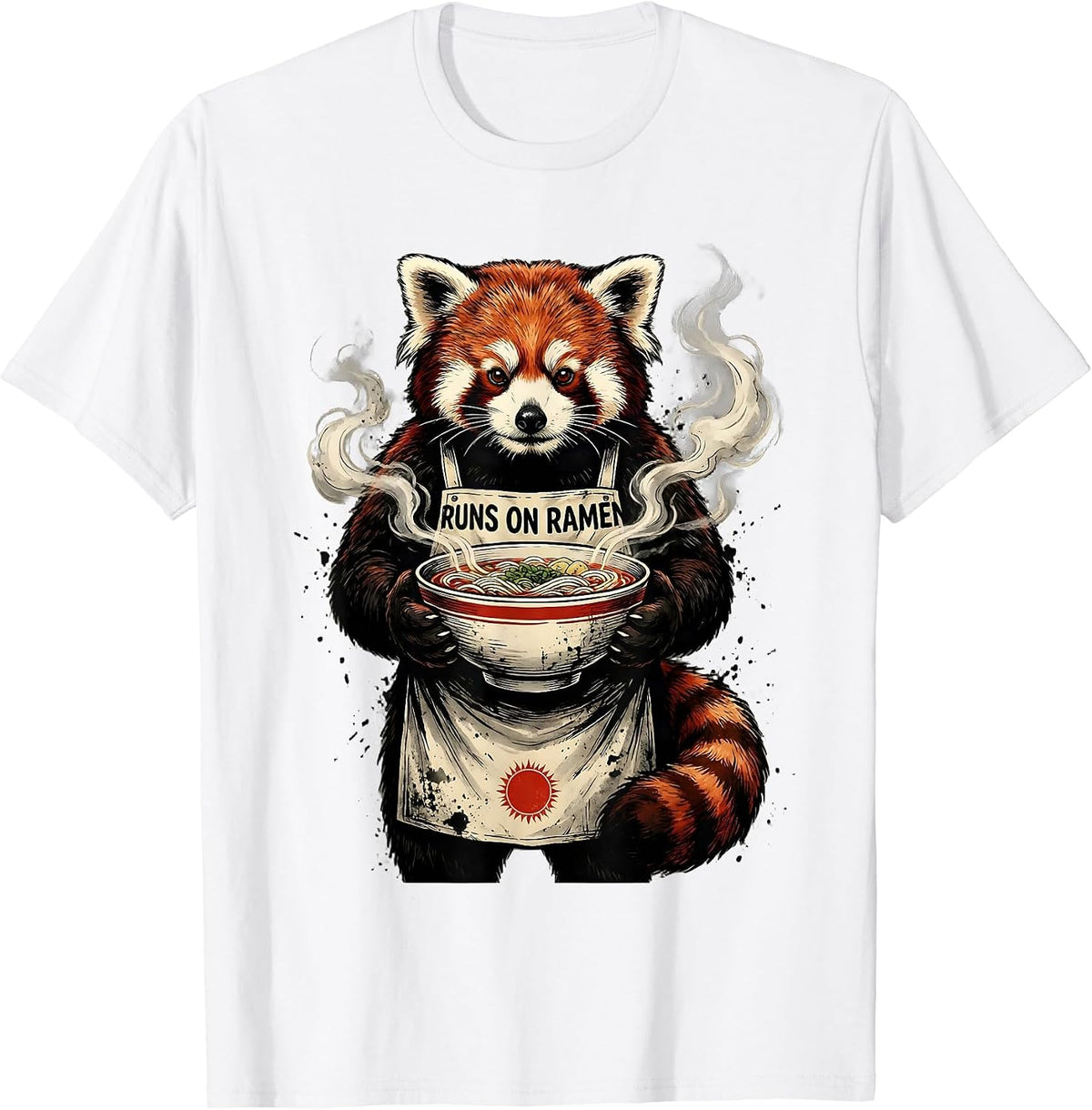 Men's Runs on Ramen Ink-Wash Red Panda Anime Animal Novelty Humor T-Shirt - White