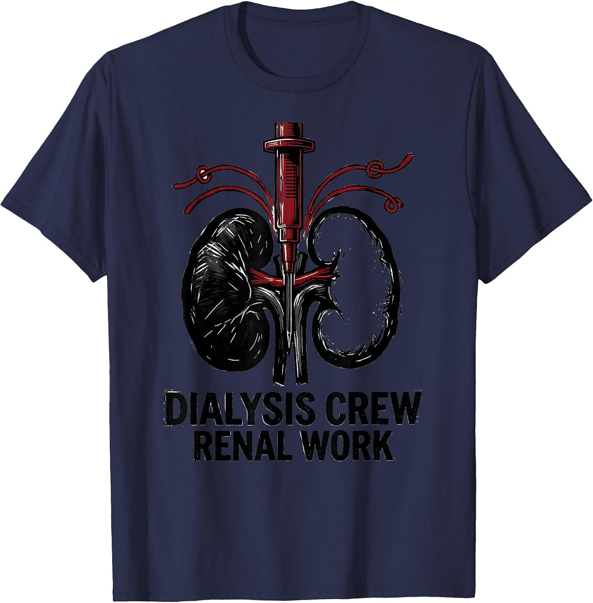 Men's Dialysis Crew Renal Work Linocut Nephrology Nurse Gift T-Shirt - Navy Blue