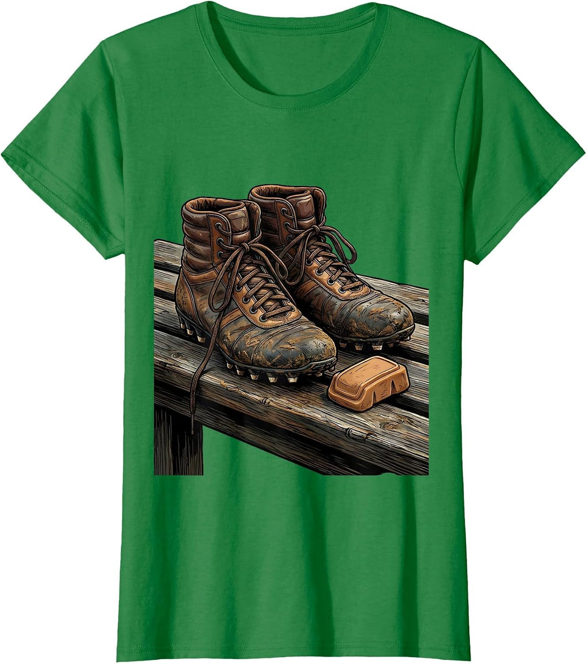 Rugby Boots and Gumshield Wooden Bench Illustration T-Shirt - Kelly Green
