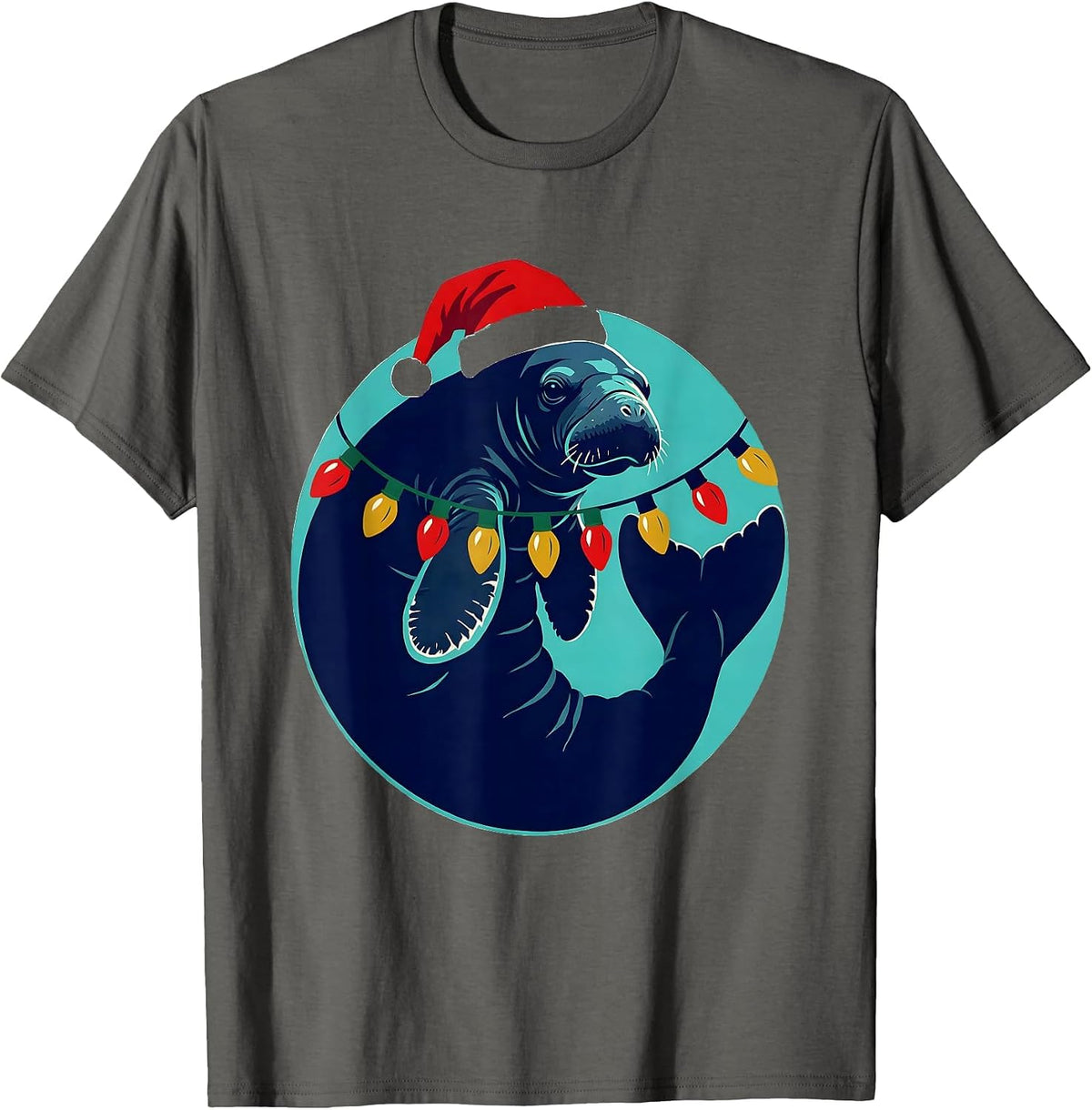 Manatee Santa Hat Christmas Tree Lights Holiday Humor T-Shirt - Asphalt Grey