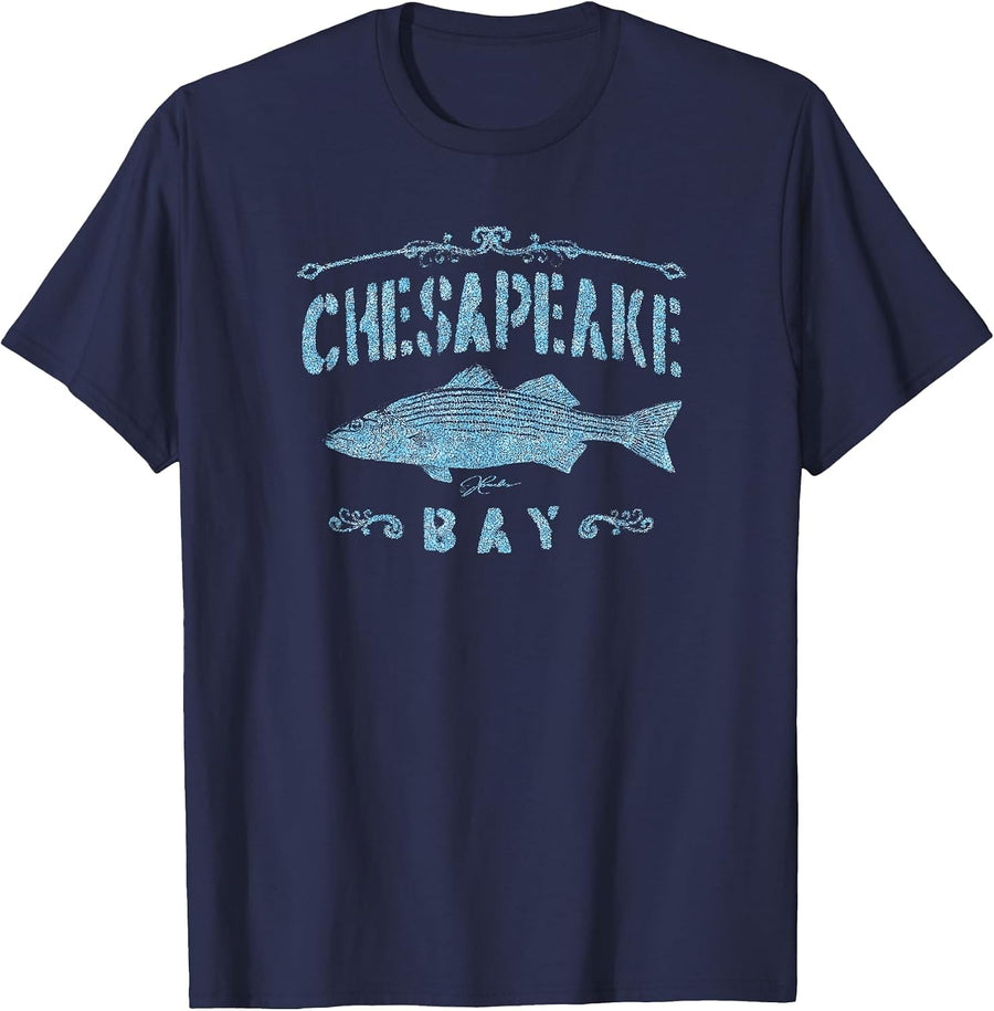 JCombs: Chesapeake Bay Striped Bass (Distressed) T-Shirt - Navy Blue
