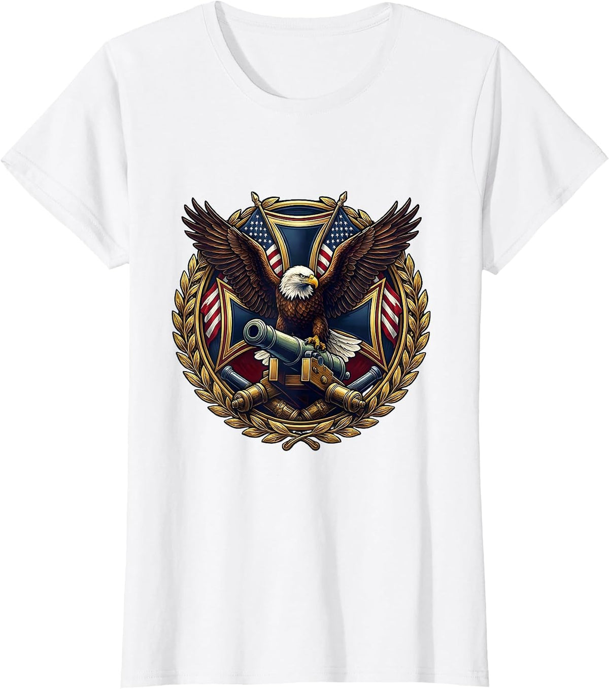 Women's Bald Eagle Perched on Artillery Cannon Patriotic T-Shirt - White