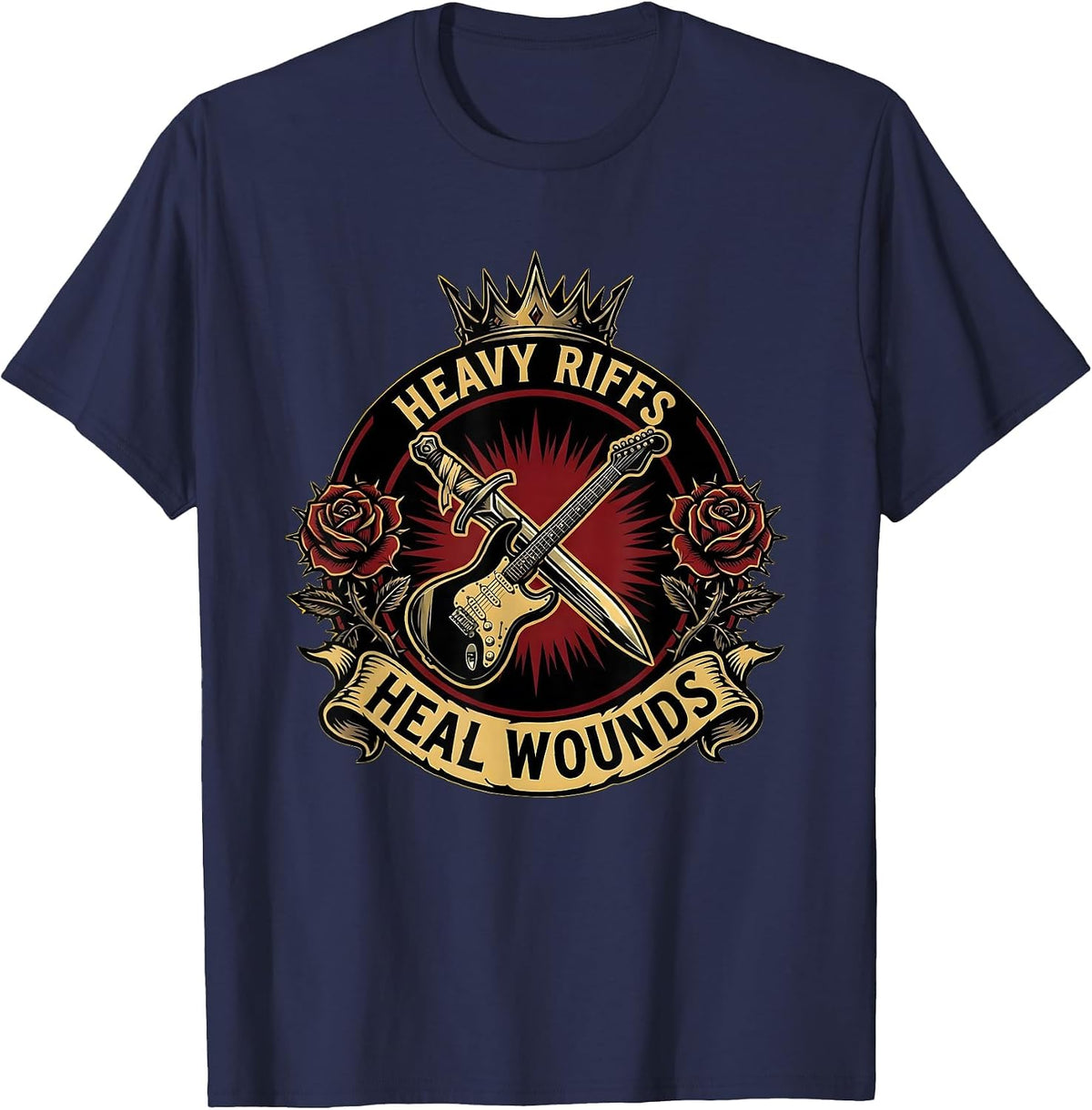 Heavy Riffs Heal Wounds Grunge Music Design T-Shirt - Navy Blue