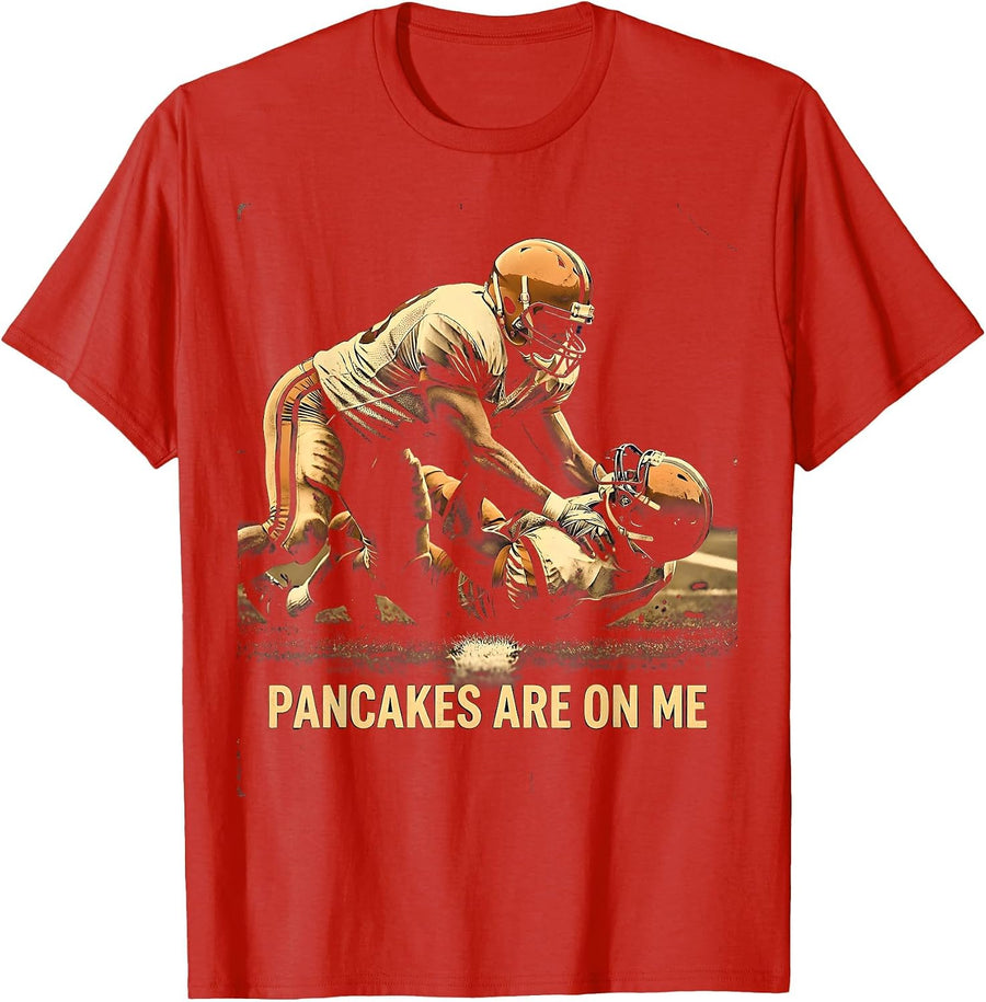 Men's Pancakes Are On Me Vintage Football Lineman Game-Day Humor T-Shirt - Red