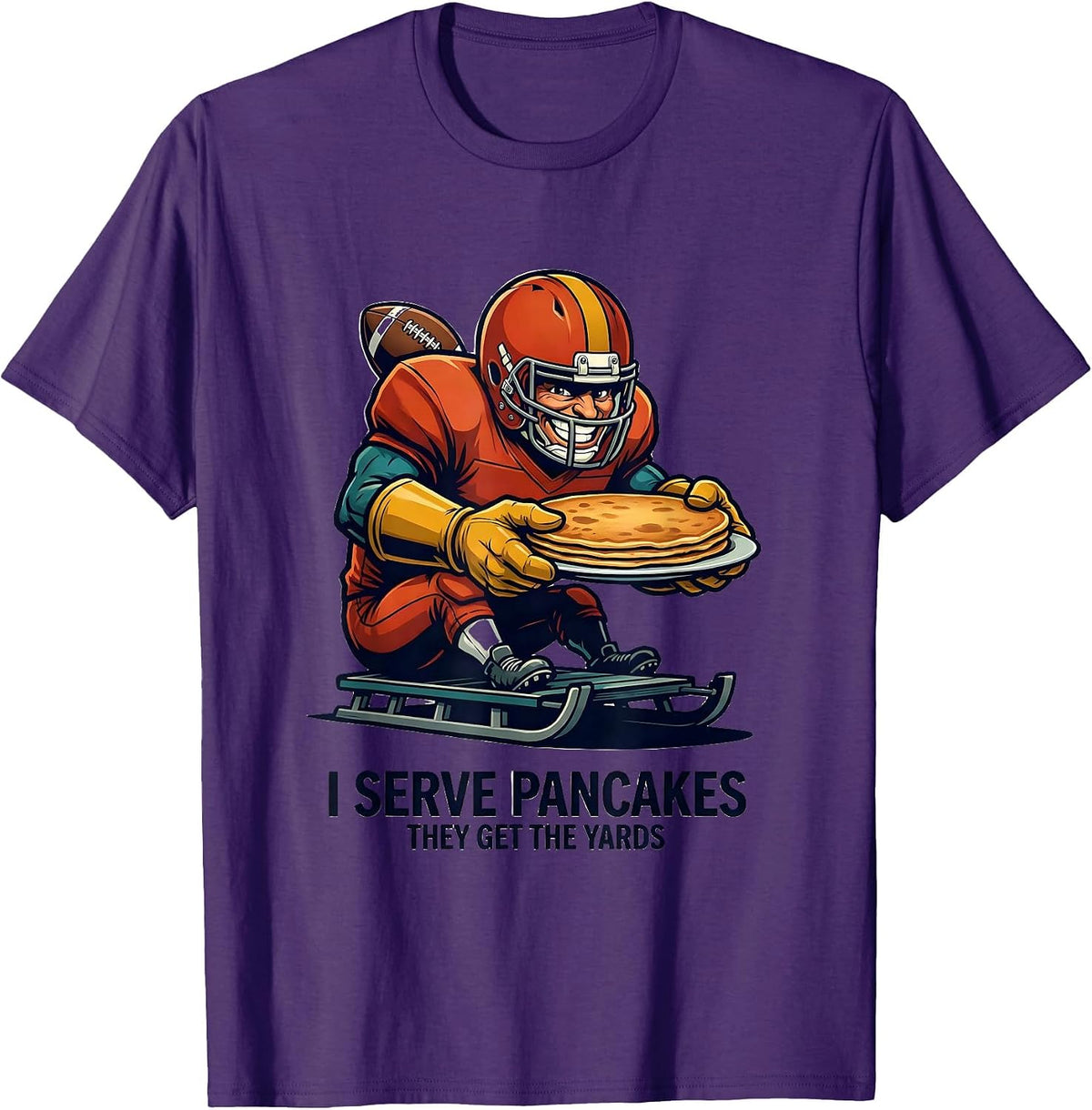 I Serve Pancakes, They Get The Yards Funny Football Lineman T-Shirt - Purple