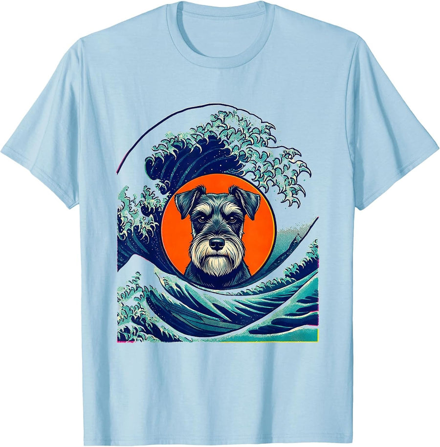 Men's Miniature Schnauzer Surfing Japanese Great Wave Parody Humor T-Shirt - Baby Blue
