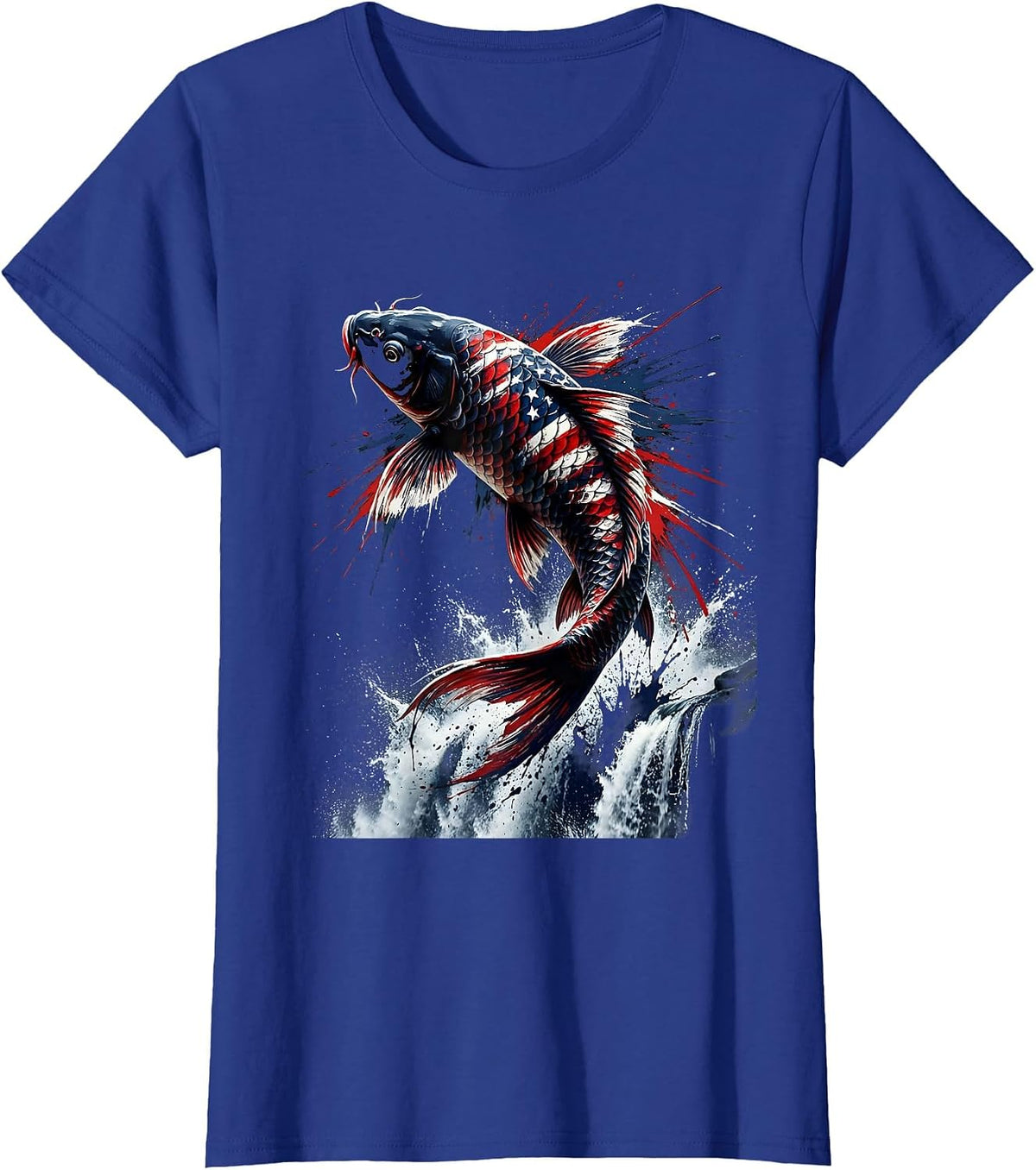 Women's Koi Fish Leaping Waterfall Nature Illustration T-Shirt - Royal Blue