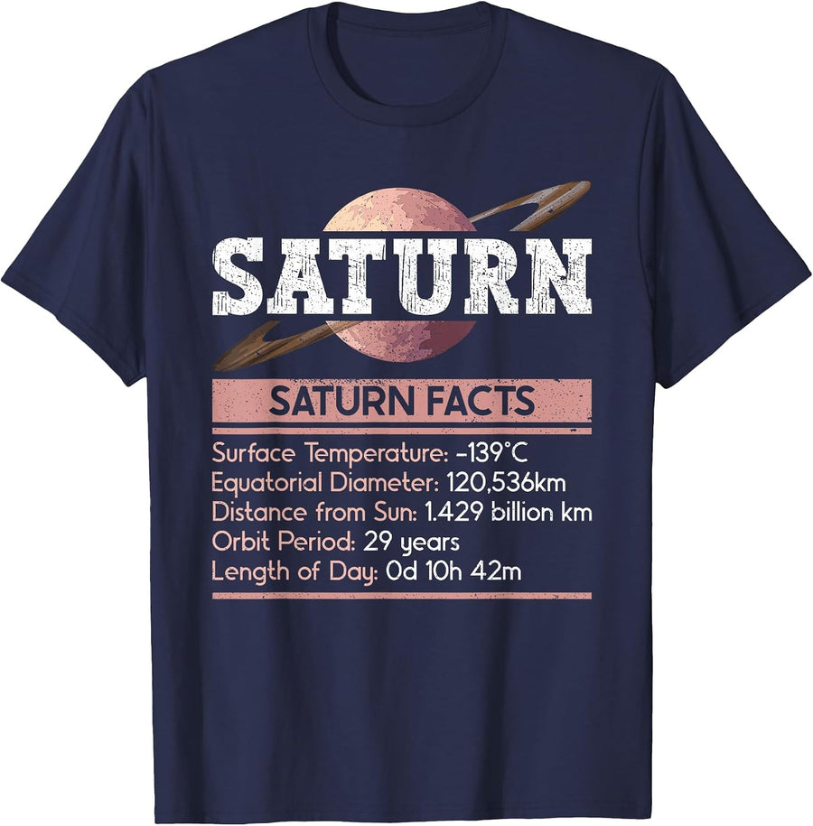 Saturn Facts - Space Saturn Planet T-Shirt - Navy Blue