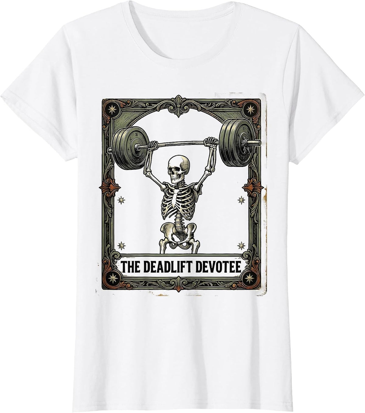 Women's The Deadlift Devotee Vintage Skeleton Tarot Card Gym Humor T-Shirt - White