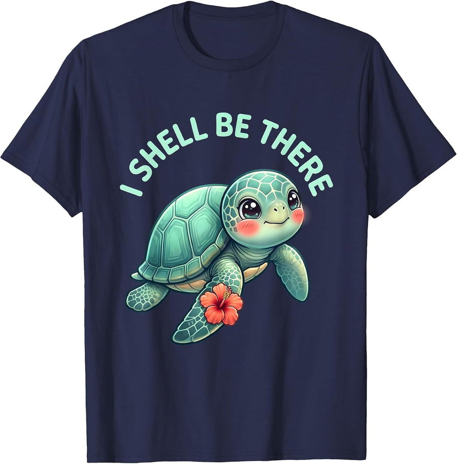 I Shell Be There Cute Kawaii Sea Turtle Tropical Vacation T-Shirt - Navy Blue