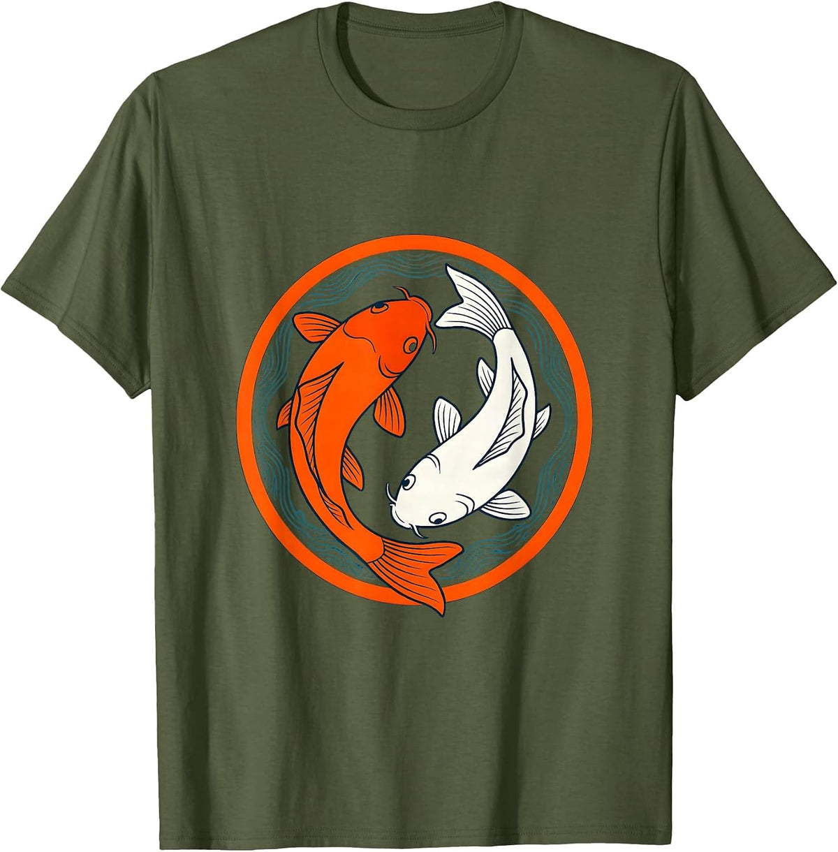 Twin Koi Fish Circling Yin Yang Harmony Design T-Shirt - Olive Green