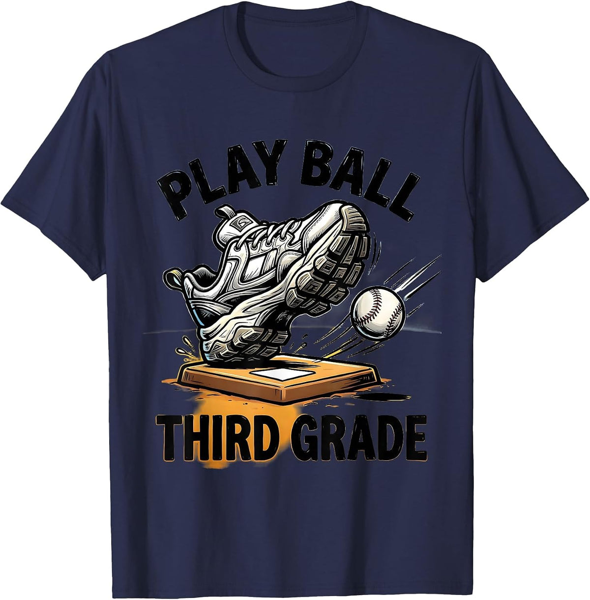 Men's Play Ball Third Grade Cartoon Baseball Back To School T-Shirt - Navy Blue