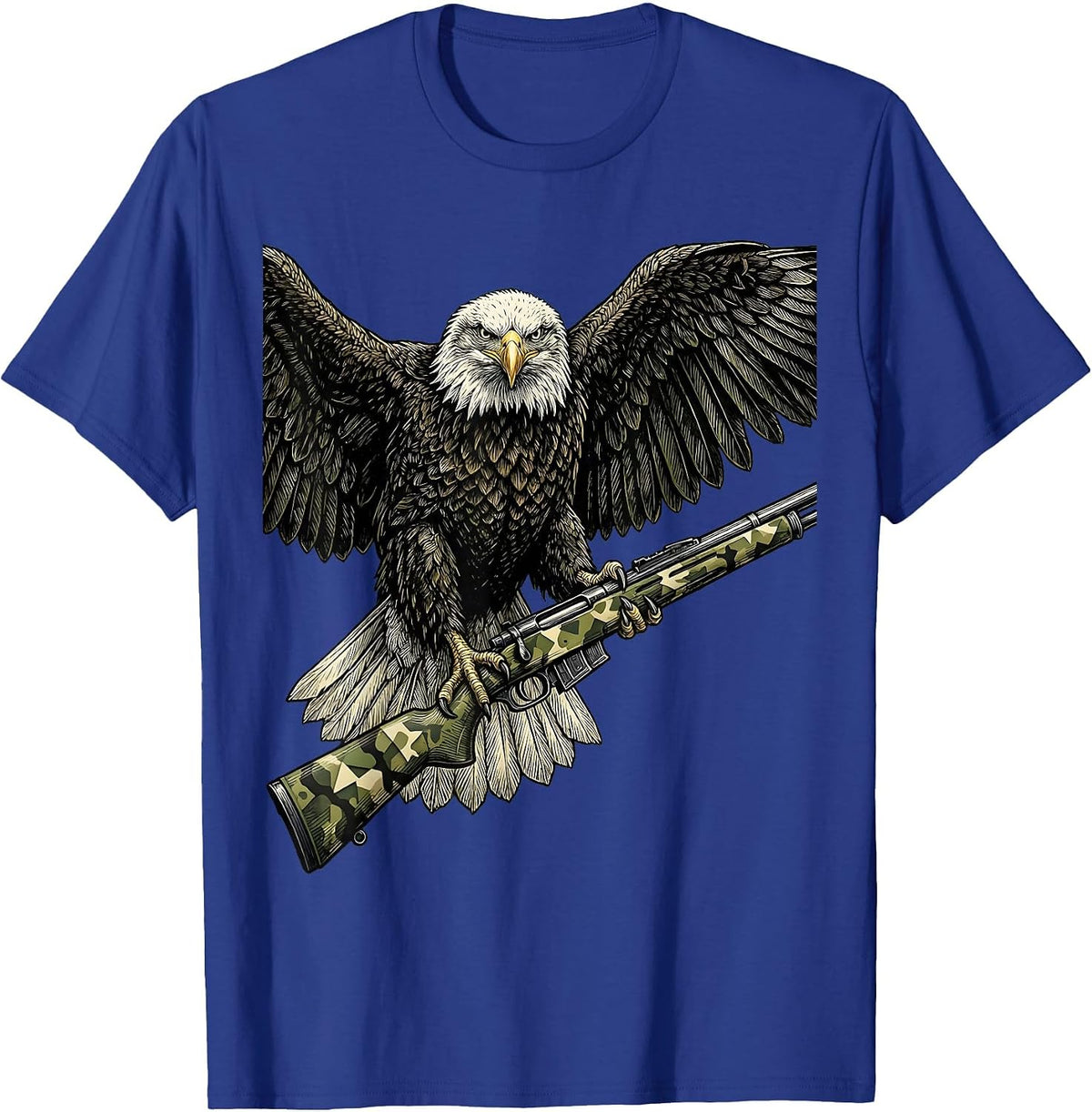 Men's Eagle Perched on Camo Rifle Graphic Design T-Shirt - Royal Blue