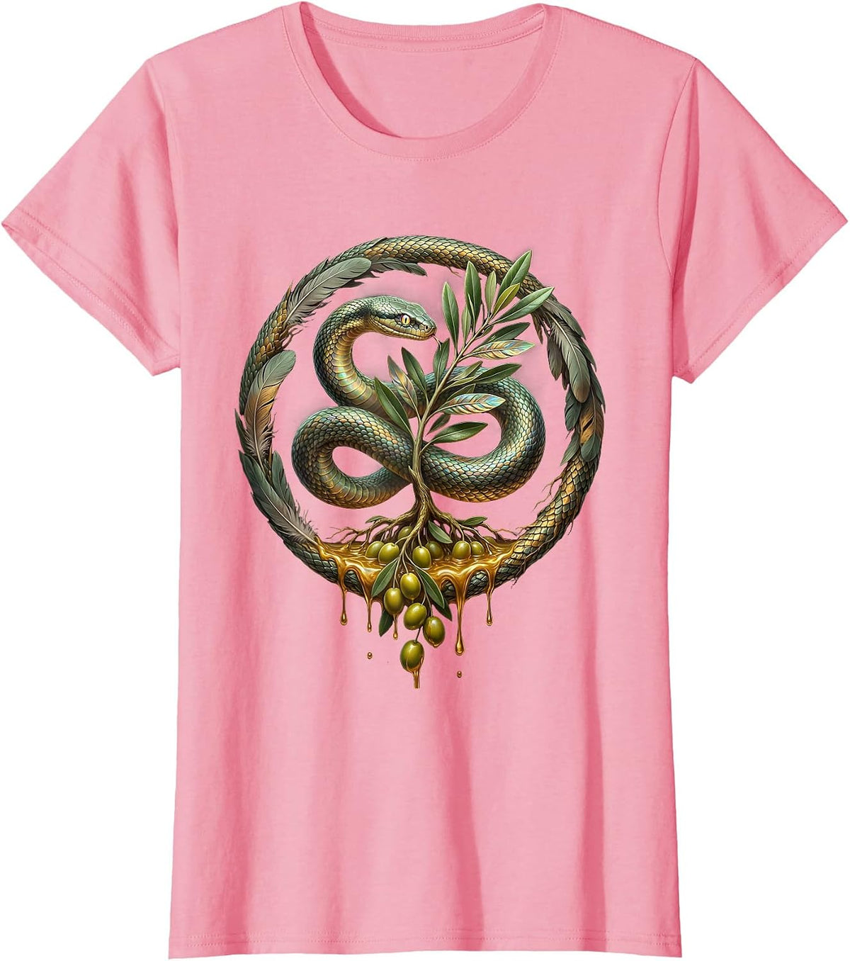 Women's Serpent and Olive Branch Illustration Design T-Shirt - Pink